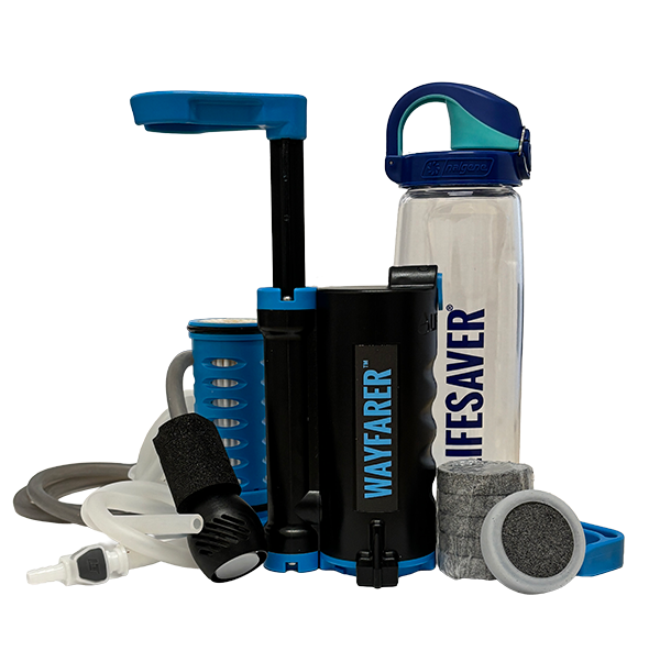 Load image into Gallery viewer, Collection of outdoor gear including a water bottle, pump, and filters on a white background