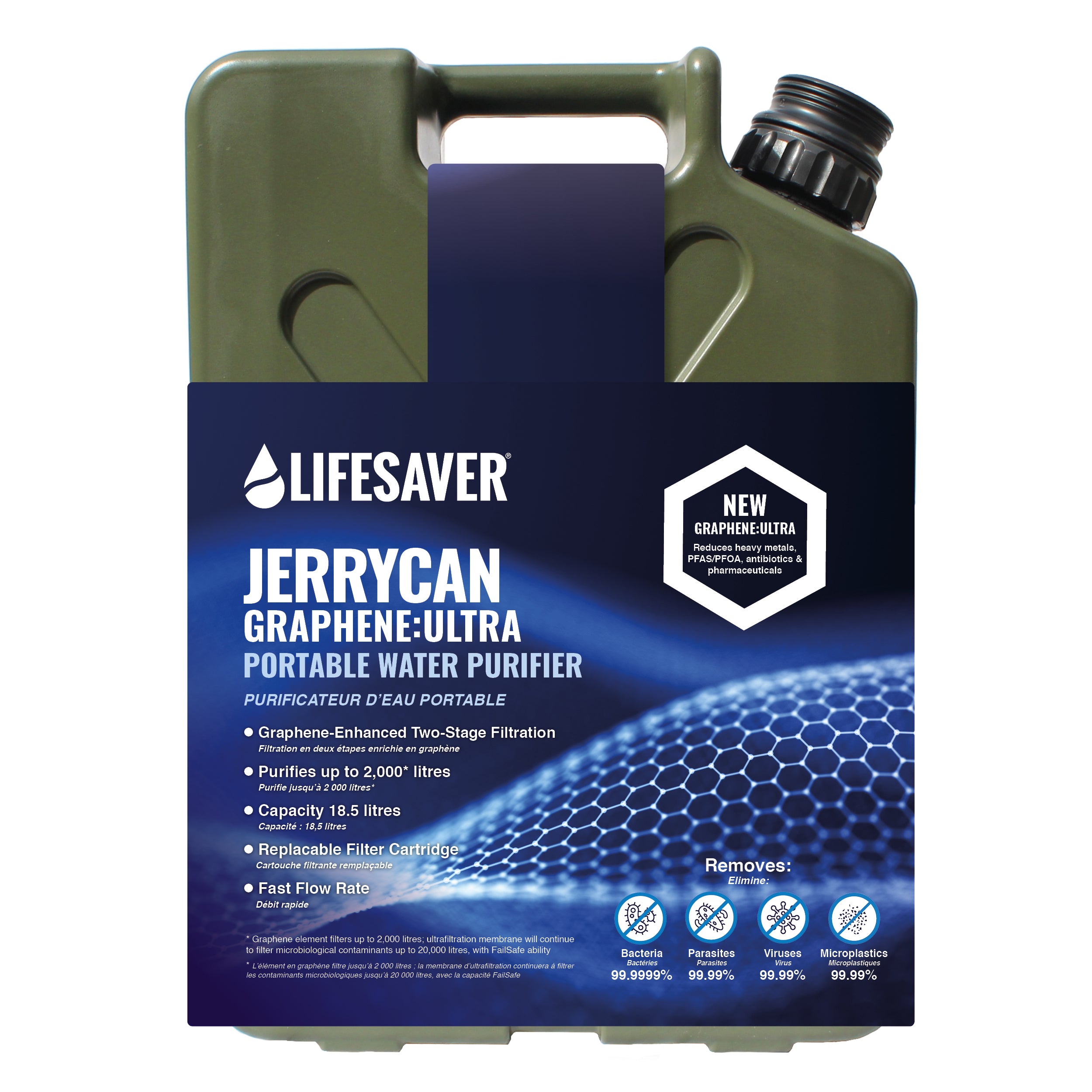 Green Lifesaver Jerrycan Graphene-Ultra portable water purifier on a white background