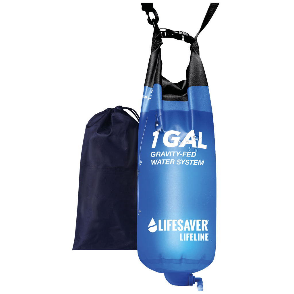 Blue 'Lifesaver Lifeline' gravity bag water system with black drawstring bag on a white background