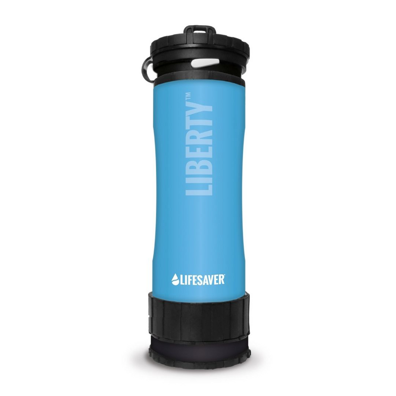Laden Sie das Bild in Galerie -Viewer, Blue Liberty water bottle with black cap on a white background
