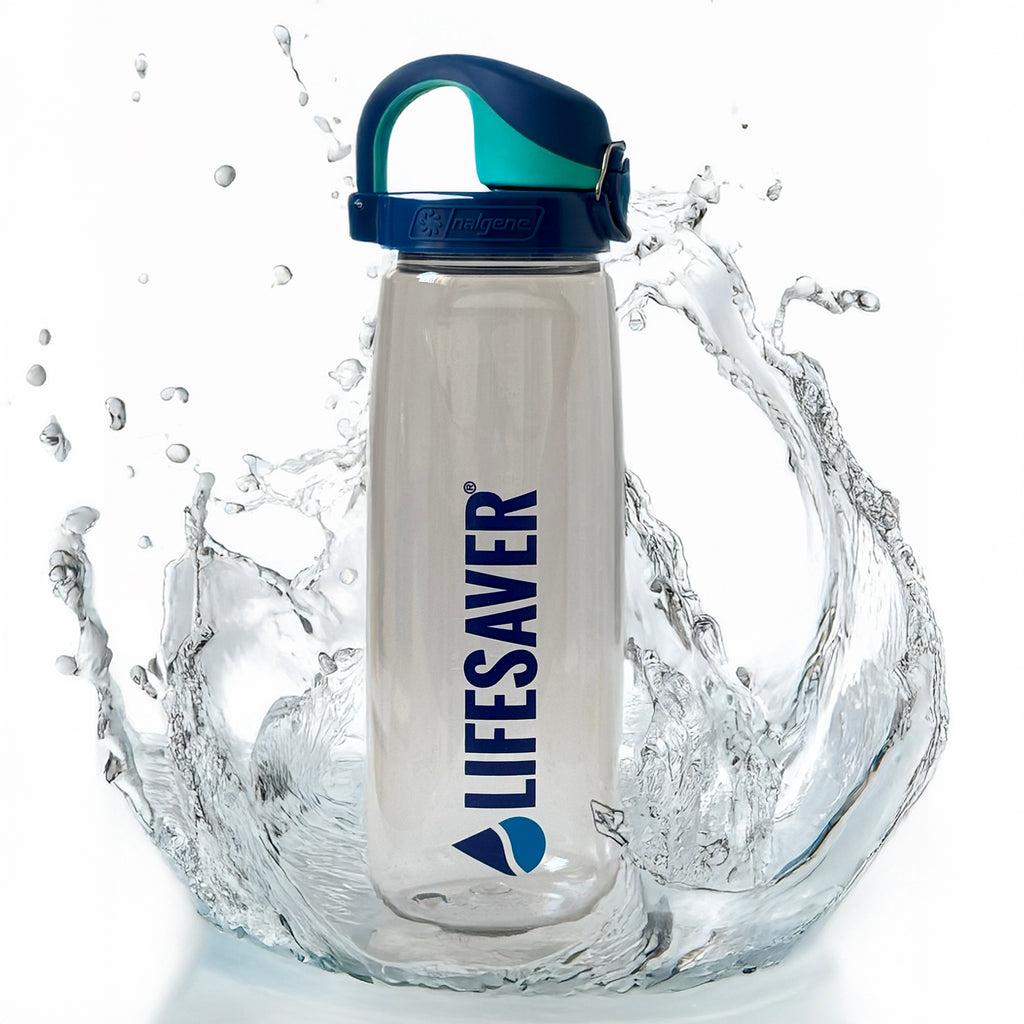 A LifeSaver Nalgene bottle splashing into water