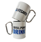 Two white mugs with carabiners attached, one labeled 'Lifesaver' and the other 'Fill. Pump. Drink.'