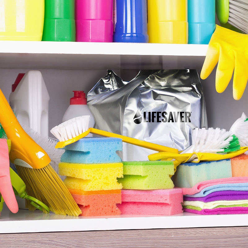 Laden Sie das Bild in Galerie -Viewer, Cleaning supplies including sponges, brushes, and a foil-wrapped LifeSaver Cube on a shelf.
