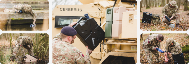 MOD photos showing soldiers using LifeSaver water purifiers in the field