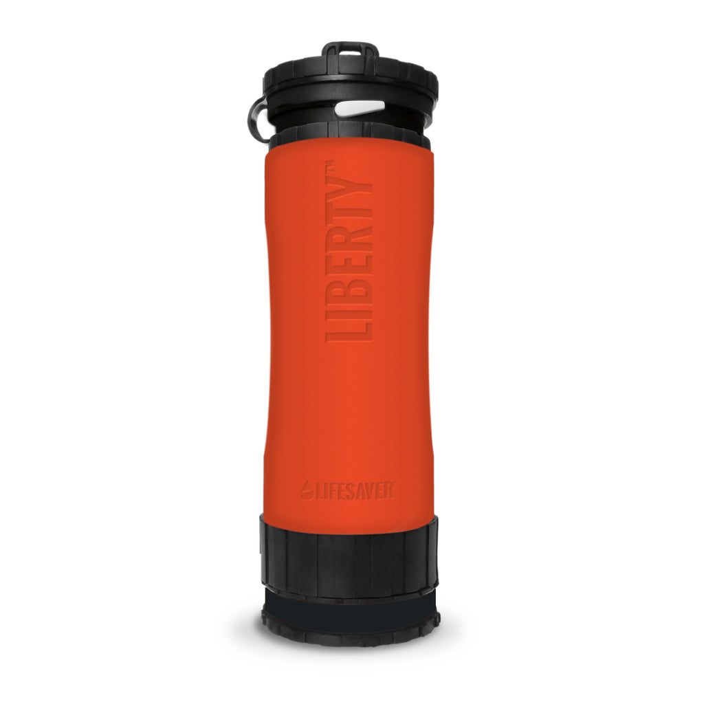 Orange water bottle with black lid and 'Liberty' branding on a white background