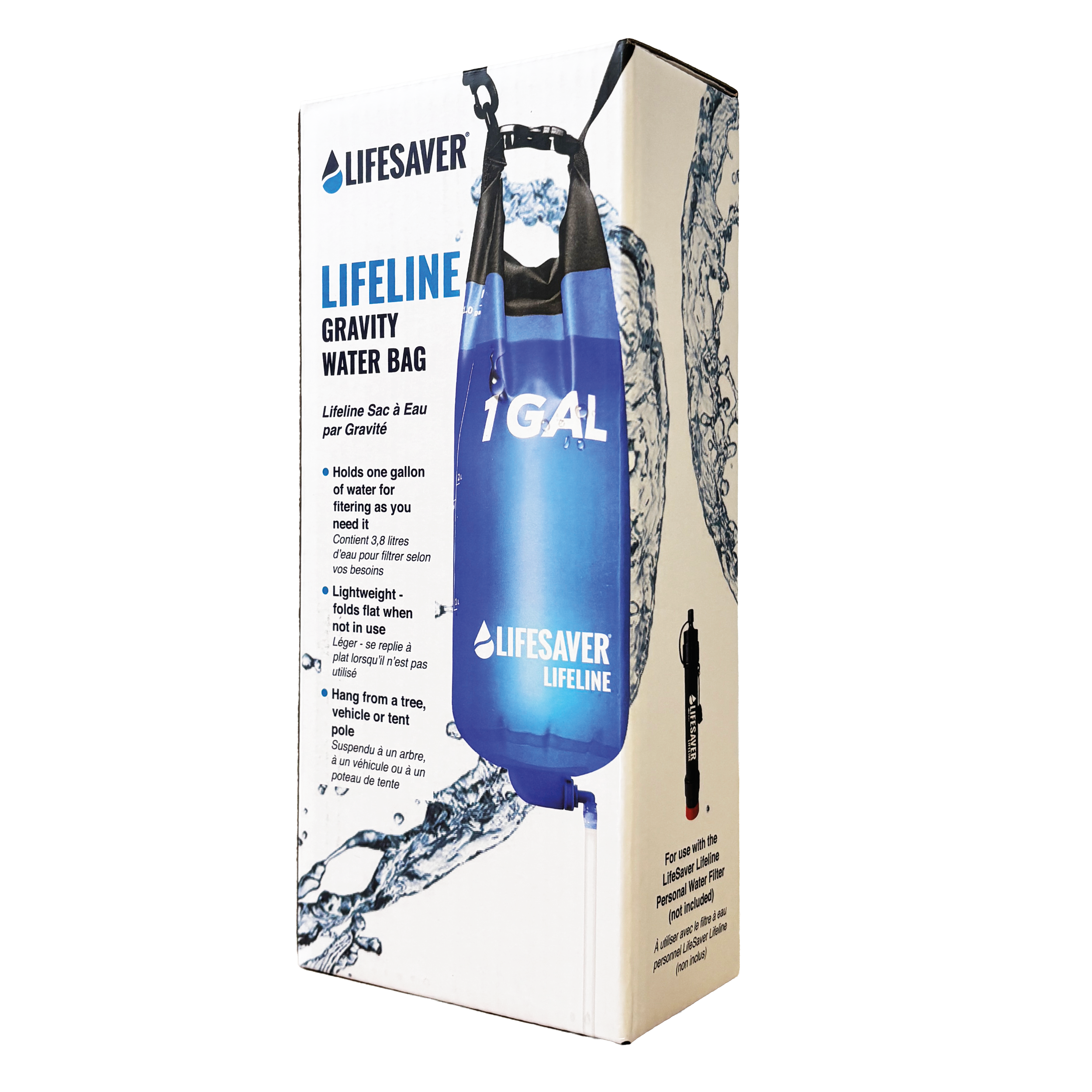 Lifesaver Lifeline Gravity Water Bag packaging on a white background