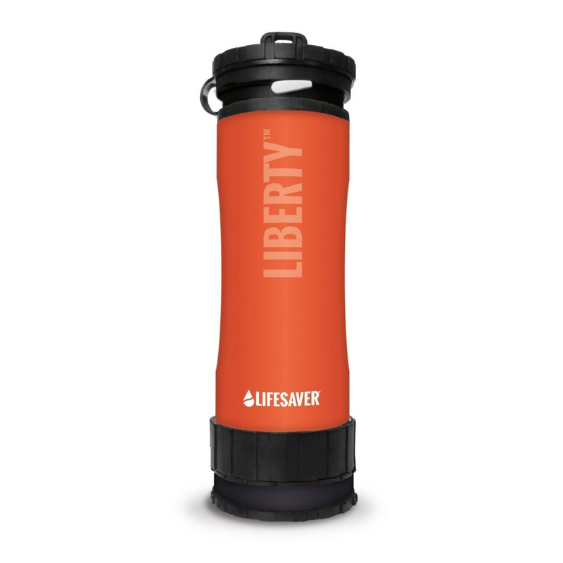Laden Sie das Bild in Galerie -Viewer, Orange water bottle with black lid and &#39;Lifesaver&#39; branding on a white background
