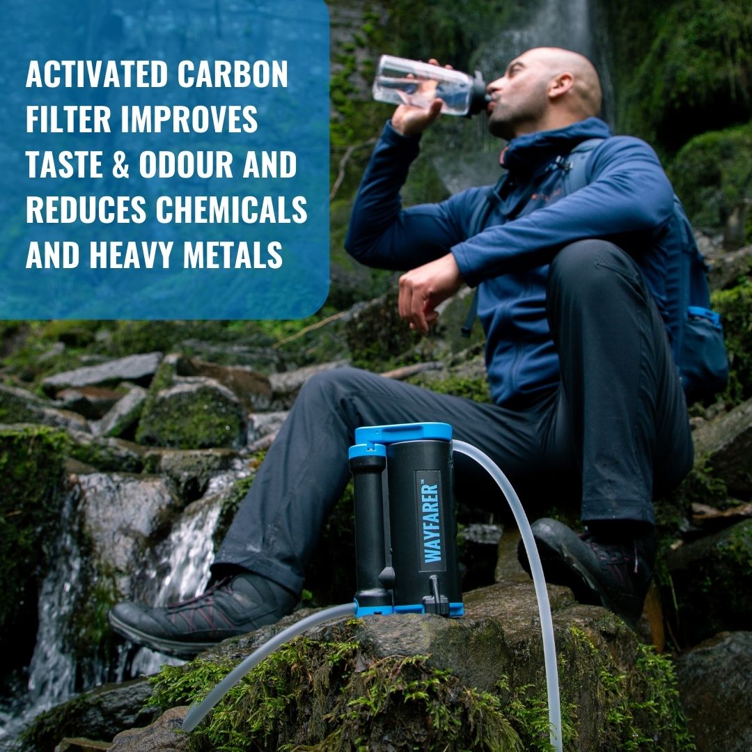 Wayfarer water purifier in front of a hiker drinking freshly purified water