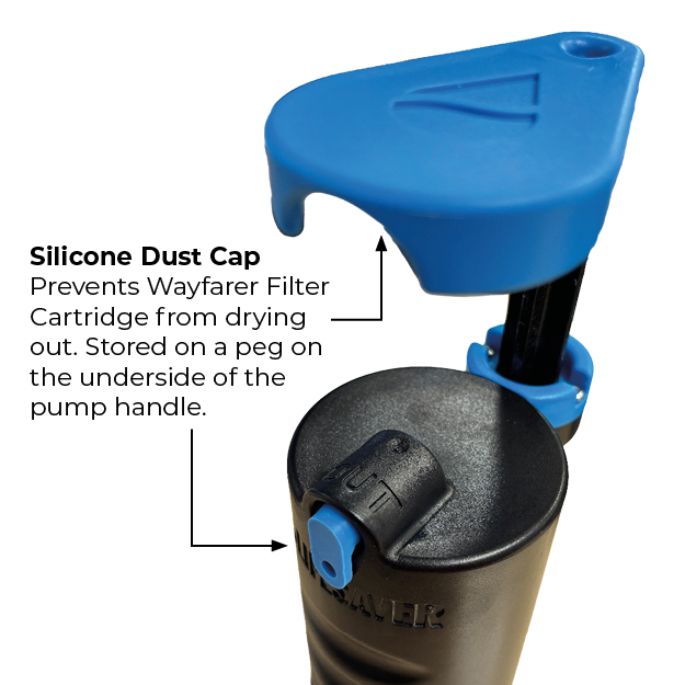 Silicone dust cap on a pump handle with text explaining its function.
