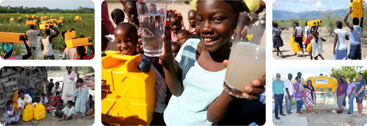 A mosaic of photos showing yellow humanitarian LifeSaver Jerrycans in an African village